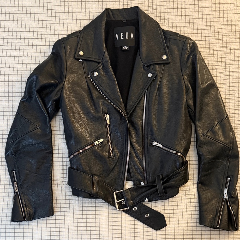 Veda Classic Black Leather Biker Jacket
